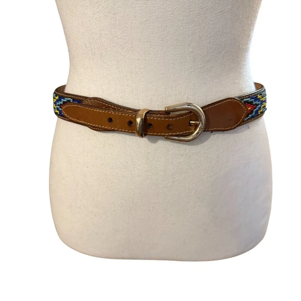 Vintage Ann Taylor Beaded Leather Buckle Belt Size Large Southwestern Statement